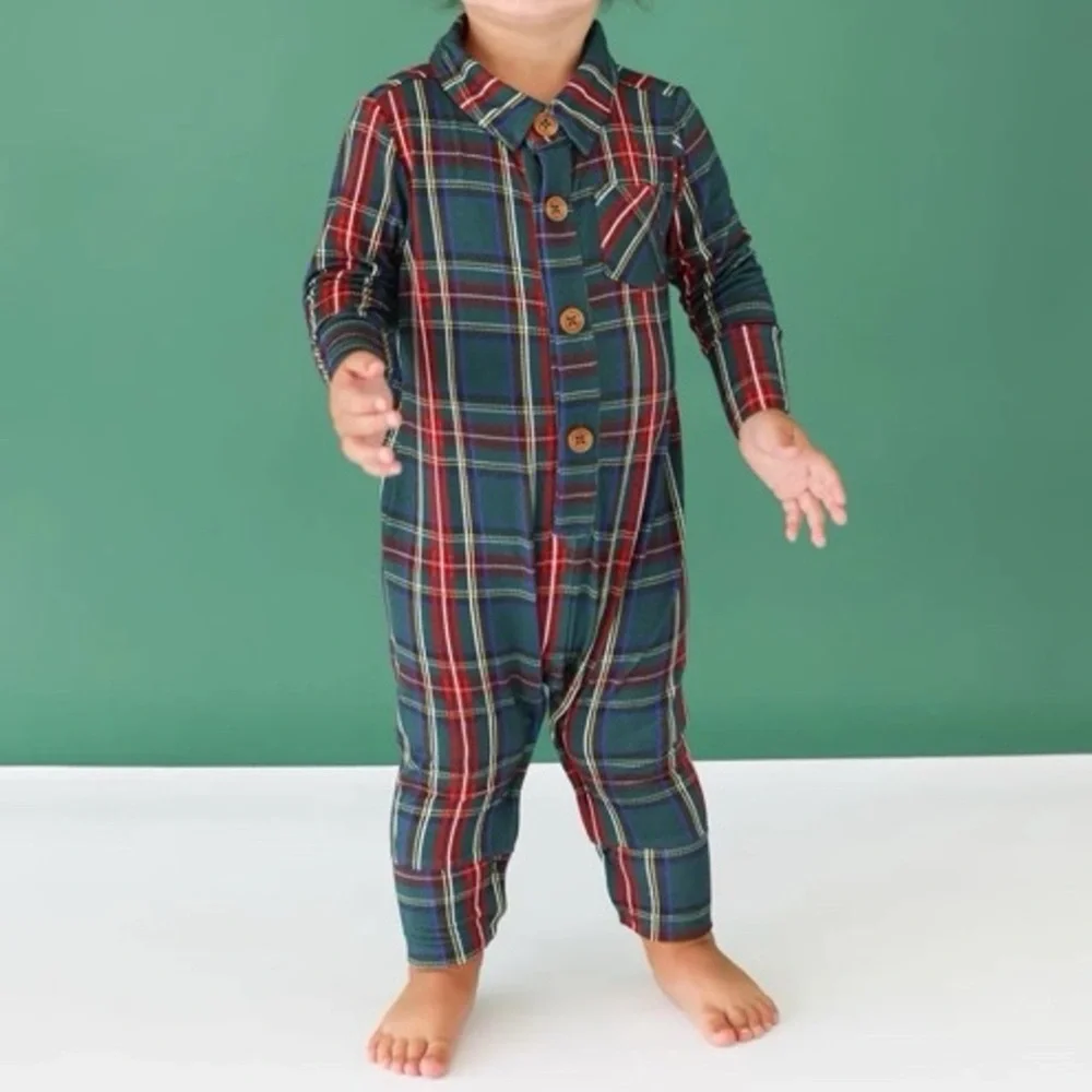 Posh Peanut Bamboo Collared Henley Romper‎ Green Tartan Plaid New Sz 18-24 m